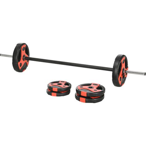 Barre d'haltères 20 kg, comprenant 6 disques de poids : 2 x 5 kg, 2 x 2,5 kg, 2 x 1,25 kg, barre antidérapante, noir et rouge (1/5)