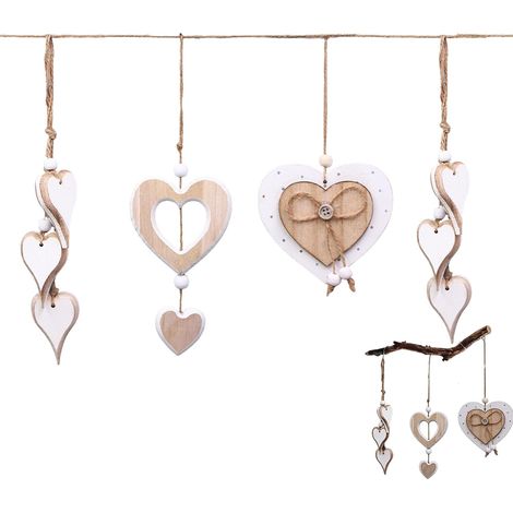 Lot de 4 Cœurs en Bois à Suspendre, Décoration Suspendue Décoration de Fenêtre Romantique, Cœur Décoratif avec Corde Chanvre pour Mariage, Anniversaire, Panneau Love Bois (1/5)