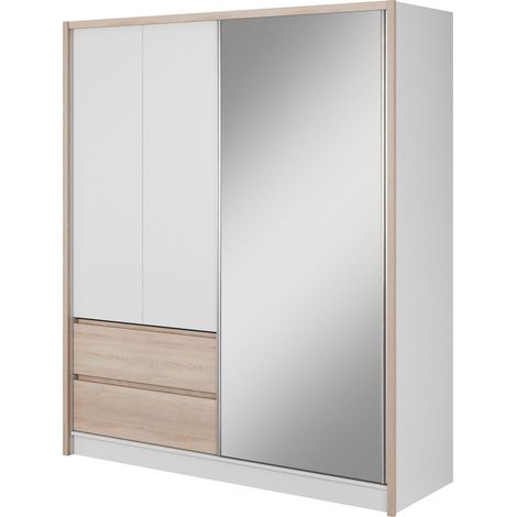 SARA Kleiderschrank 184 cm Schiebetür spiegel 2 schubladen weiß matt / sonoma eiche