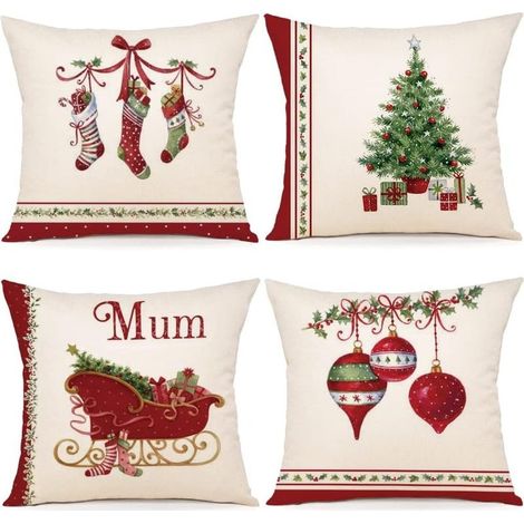 Lot de 4 housses de coussin Noël 40x40 cm – Tissu mélangé de lin – Décoration festive pour salon et chambre – Lavables en machine (1/5)