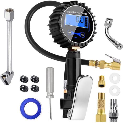 Numérique Manomètre Pression Pneu, 200 PSI Manomètre Compresseur, Pistolet Gonfleur Pneus Voiture avec 13 Accessoires, Numérique Testeur Pression Haute Précision pour Voiture Vélo Moto (1/5)