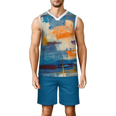Men's Basketball Set, Adult Basketball Jersey, Sleeveless V-Neck Sports Outfit, Tank Top and Shorts for Fitness, Match Training, Summary Print (1/5)
