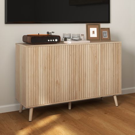 Buffet salon. meuble de rangement avec 4 portes cannelés à ouverture par pression 120 x 35 x 77.5 cm. chêne
