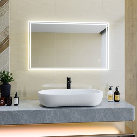 SIRHONA Specchio da Bagno a LED da Muro, 100x60cm Specchio Parete, con Interruttore Touch e Anti Appannamento, Specchio da Parete Moderno Rettangolo Impermeabile IP44