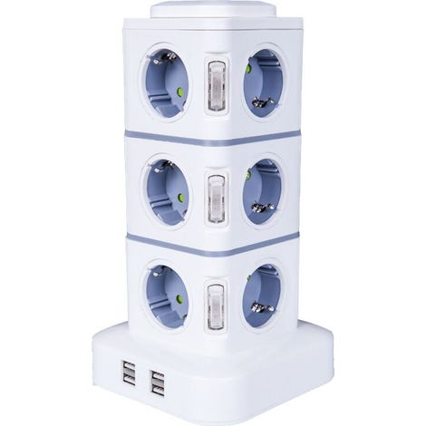 Torre multipresa, multipresa a 12 prese (2500 W/10 A) con 4 porte USB, multipresa verticale con protezione da sovratensioni per casa e ufficio, prolunga da 3 m