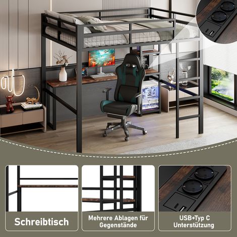 Mezzanine de lit 140x200 cm, structure métallique noire, table de travail avec ports USB-C et prise, tablettes de rangement, barrière de protection, échelle d'accès, sans matelas