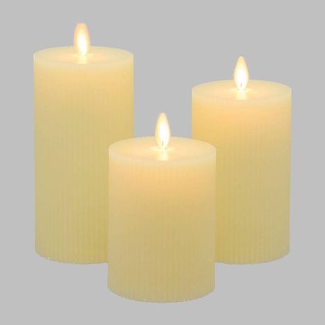 Lot de 3 Bougies Cylindriques Moving Flame avec Nervures Ø7,5cm H10/12,5/15cm Cire Ivoire avec Télécommande (1/5)