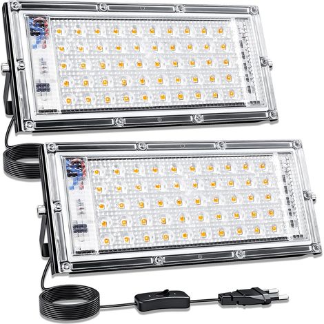 Projecteur LED 50W,2pc Spot LED Extérieur 5000LM Superlumineux,3000K Blanc Chaud, IP65 étanche Eclairage de Sécurité pour Cour,Jardin,Garage (1/5)