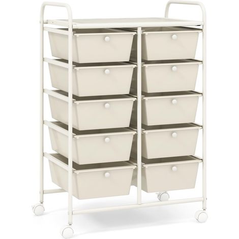 COSTWAY Rollwagen mit 10 stapelbaren Schubladen, Schubladenwagen Rollcontainer mit Metallgestell und Ablagefläche, Badrollwagen Aufbewahrungswagen für Büro, Wohnzimmer, 65,5 x 37 x 87 cm(Weiß) (1/5)