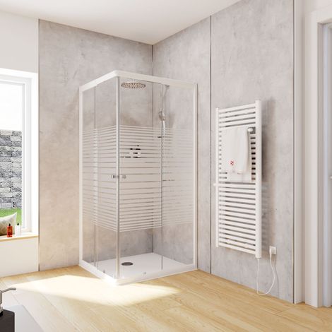 Schulte Duschkabine Corner Eckeinstieg mit Schiebetüren, Montage auf Duschwanne oder Fliese, Glas: 4 mm ESG Sicherheitsglas Dekor Querstreifen, Profil: Alpinweiß, Größe: 80 x 90 x 180 cm (1/5)
