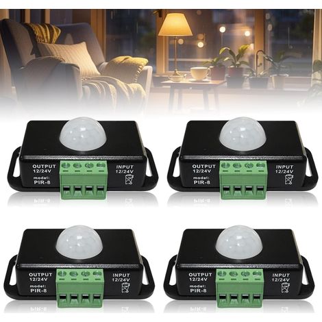 Lot de 4 détecteurs de mouvement LED - DC 12 V 24 V - Noir - Mini capteur de mouvement infrarouge PIR - Interrupteur automatique sans fil - Pour bandes LED (1/5)