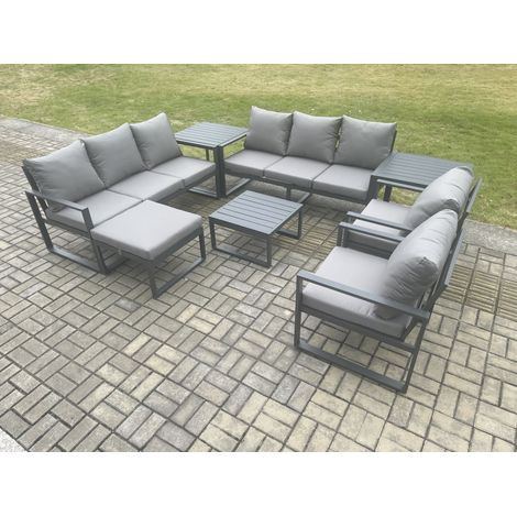 Fimous Aluminium Patio Outdoor Garden Furniture Lounge Sofa Set with Square Coffee Table 2 Chairs Big Footstool 2 Side Tables Dark Grey (1/5)