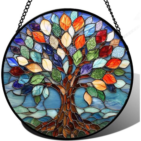 Attrape-soleil rond en vitrail – Ornement suspendu pour fenêtre, porte et mur, idée cadeau femme homme maman papa, Diamètre : 30 cm (1/4)