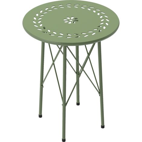 Runder Beistelltisch für den Garten, Ø 40 x 50 cm, aus grünem Stahl, mit floralem und blattartigem Muster