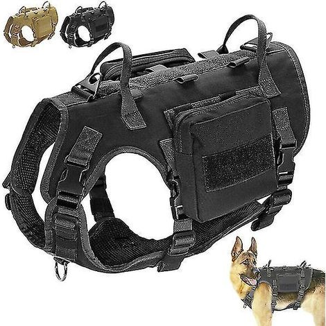 Militärisches taktisches Geschirr für K9-Ausbildungshunde + Seitentaschen, Molle-Weste, Größe L, schwarz und beige. (1/5)