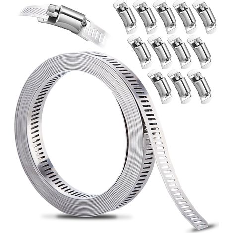 Für DIY 304 Edelstahl-Schlauchschellen-Set, 10 m perforierter Metallstreifen + 12 Stück Befestigung, verstellbar, für Rohre, Gas, Wasser, Auto, Waschmaschine, Garten