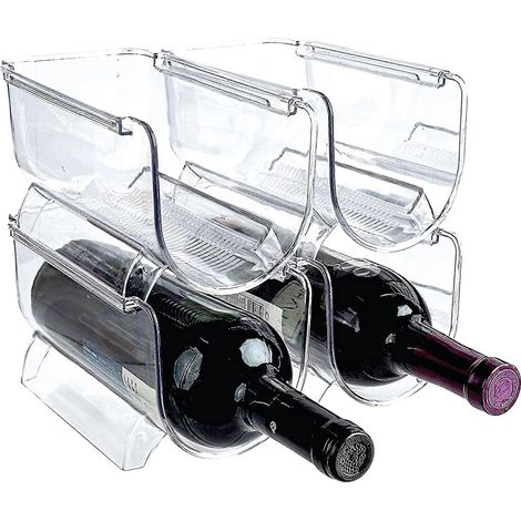 Confezione da 4 organizer per bottiglie di vino e acqua, portabottiglie impilabile in plastica per dispensa, cucina, frigorifero, con quattro scomparti (1/4)