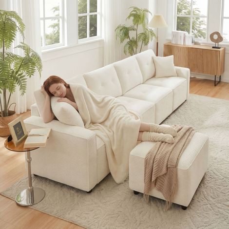 Fauteuil 4 places en velours beige 280×146×85 cm avec rangements et tabouret inclus (Réf. 9905) (1/4)