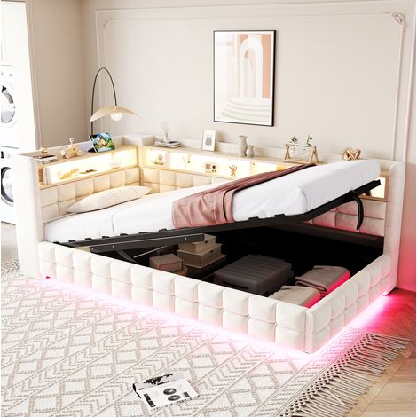 Divano letto 90x200 cm beige in velluto con vano contenitore idraulico, LED e prese (1/5)