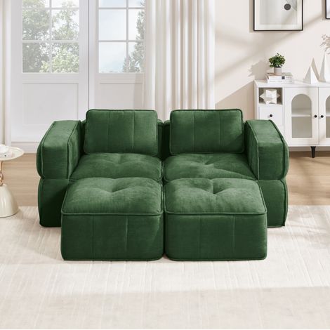 Divano modulare 2 posti con 2 pouf, 198 x 162 x 67 cm, poliestere verde DESVIAE (1/5)