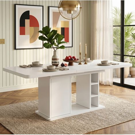 Mesa de comedor extensible 140/180 cm, para 6-8 personas, con almacenaje, en MDF, blanco (1/5)