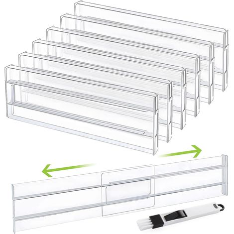 6 Pack Expandable Drawer Dividers, Clear Plastic Drawer Dividers, Adjustable Range 11-20.5 Inch, Drawer Inserts for Cabinet, Clothes, Kitchen Utensils and Office Storage (1/5)