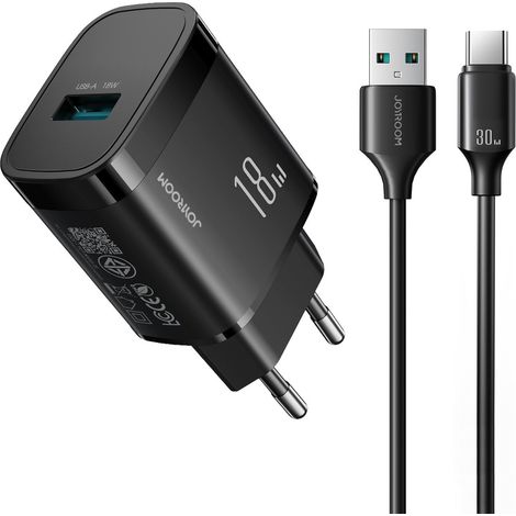 Cargador de pared USB-A de 18 W con cable USB-A a USB-C de 1 m - negro (1/3)