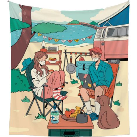 Toile de fond camping style Ins, tenture murale esthétique extérieure, décoration de camp, 130x150cm (bouton poil court amélioré) (1/5)