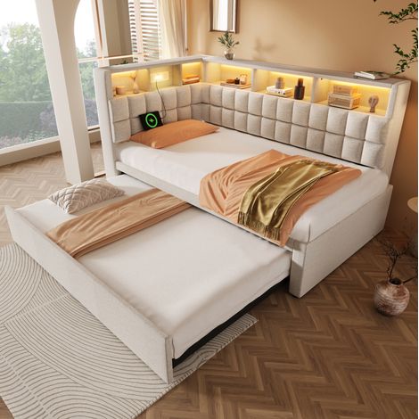 Polsterbett 90x200 mit Ausziehbett, LED & Bluetooth OKMYHOME (1/5)
