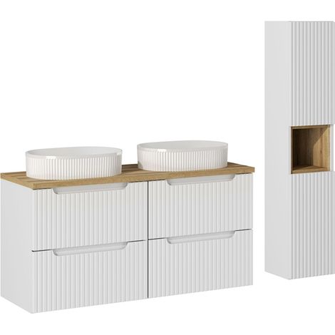 Doppelwaschtisch und Hängesäule 120cm Riva mit 4 Schubladen, Weiß und Holzoptik