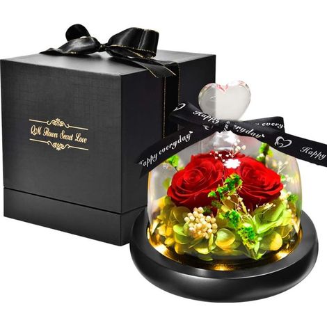 Naturelle Rose Eternelle Sous Cloche, La Belle et La Bete avec des lumières LED Fleurs éternelles (Base Noire)-Fei Yu (1/4)