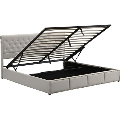Cama tapizada gris 140 x 200 cm con arcón de almacenamiento y somier de láminas (1/5)