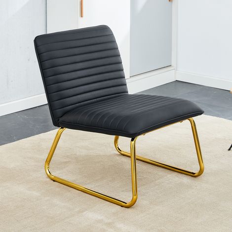Chaise cantilever moderne sans accoudoirs, vendue à l'unité, chaise de salle à manger rembourrée avec structure en métal doré et assise en similicuir noir côtelé, hauteur env. 76,2 cm, élégance rétro (1/5)