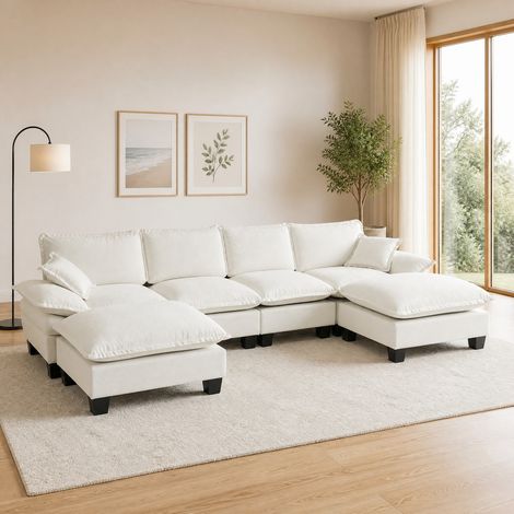 Canapé d’angle en U 332x151x90 cm beige en chenille avec ottomane modulable 6 places (1/5)