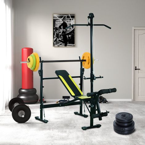 Ensemble haltères et barre 20 kg avec 6 haltères disques de 1,5 kg, 2,5 kg et 5 kg gym musculation orange et vert jaune