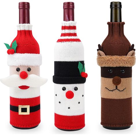 3 pièces de housses pour bouteilles de vin de Noël, Jeu de housses tricotées pour bouteilles de vin de Noël, Support tricoté pour habiller et décorer vos bouteilles de vin de Noël (1/4)