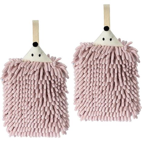 Lot de 2 Serviettes à Mains en Chenille Motifs Animaux, Boules Pelucheuses avec Anneau de Suspension, pour Salle de Bain et Cuisine, Rose (1/4)