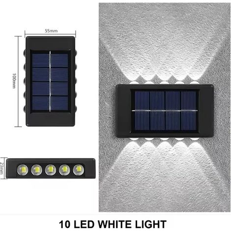 (4PCS-10LED-BLANC) Lampe solaire d'extérieur pour jardin, ampoule solaire, lampe murale solaire, projecteur solaire rechargeable avec éclairage vers le haut et vers le bas (1/5)