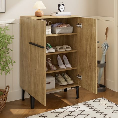 Meuble à chaussures 2 portes bois et noir, placard à chaussures compact avec étagères réglables, armoire entrée 60x34,5x95 cm (1/5)