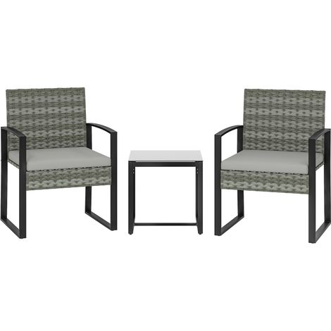 Conjunto de jardín de ratán 3 piezas con 2 sillones y mesa de cristal OKWISH (1/5)