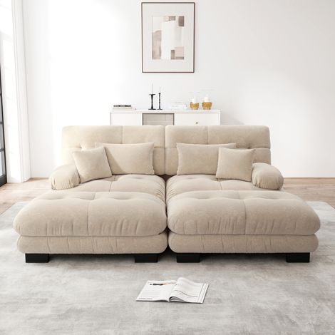 Sofá esquinero Cloud para sala de estar, sofá doble de chenilla con 2 cojines lumbares y 2 cojines decorativos, sofá tapizado con amplios reposabrazos y 2 otomanas, chenilla marrón claro.