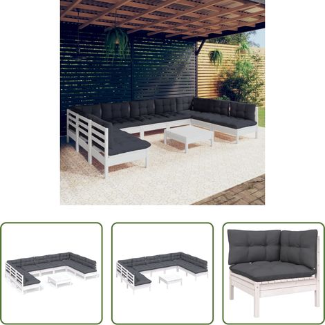 Terrassensofa - 10-tlg. Garten-Lounge-Set mit Kissen Weiß Kiefer Massivholz (1/5)