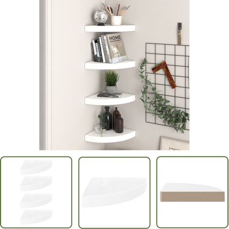 Étagères d'angle flottantes 4pcs blanc brillant 25x25x3,8cm MDF (1/5)