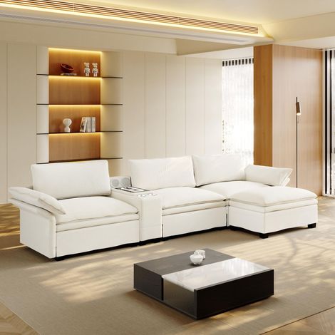Canapé d'Angle Modulaire Cloud - 315cm - Canapé 4 Places en Chenille avec Enceintes Bluetooth et Chargeur Sans Fil - Beige (1/5)