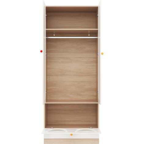 Armoire pour enfant combinée 2 pièces, avec barre de penderie, niche pour chat, panneaux laqués + panneau de particules, poignées en céramique, blanc + couleur bois naturel, 160×50×200 cm (1/5)