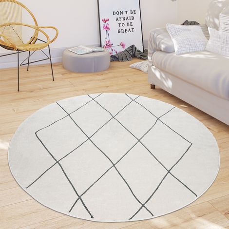Paco Home Alfombra Salón Diseño Escandinavo Rombos Pelo Corto Moderna, Color Claro Blanco Ø 200 cm redondo