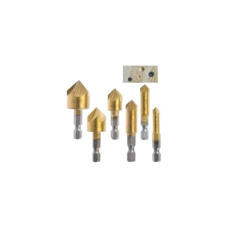 Set di 6 frese per smussatura a 90 gradi in HSS, 5 taglienti, con rivestimento in titanio, per fori sartoriali, attacco esagonale da 1/4", punte per trapano per legno da 6 mm, 8 mm, 9 mm, 12 mm, 16 mm