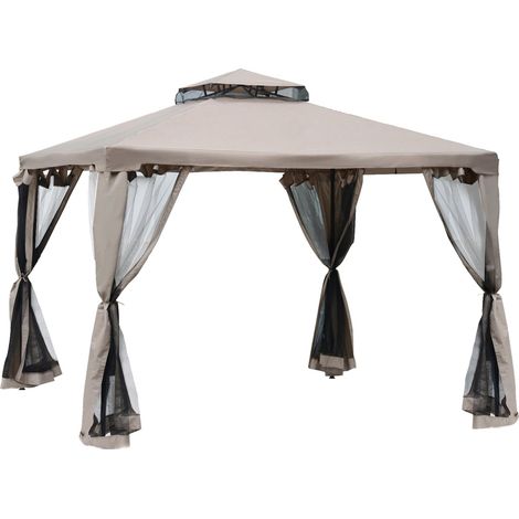 Tonnelle à double toit, env. 3 x 3 m, imperméable, robuste, résistante à l'hiver, avec moustiquaire et panneaux latéraux, tonnelle de jardin en métal, pour jardin ou terrasse, grise