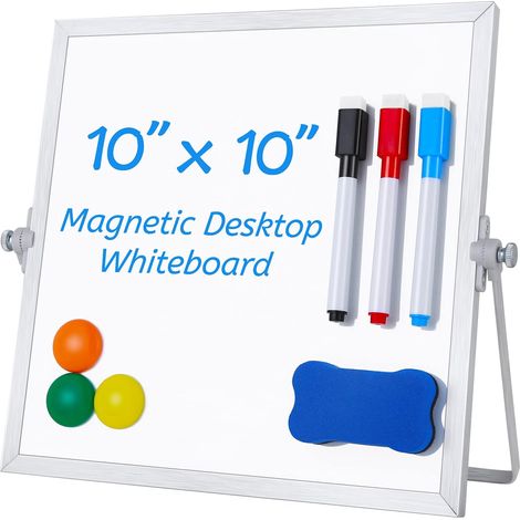 Petit tableau blanc magnétique de bureau, 25 x 25 cm, double face, avec support, 3 marqueurs, 3 aimants et une gomme - Mini tableau blanc portable de table, idéal pour le bureau, la maison, l'école et (1/5)