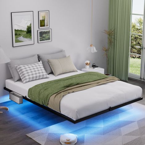 Lit suspendu métal 140x200 cm avec LED, sommier lattes métalliques, lit enfant moderne, montage facile, design noir contemporain (1/4)